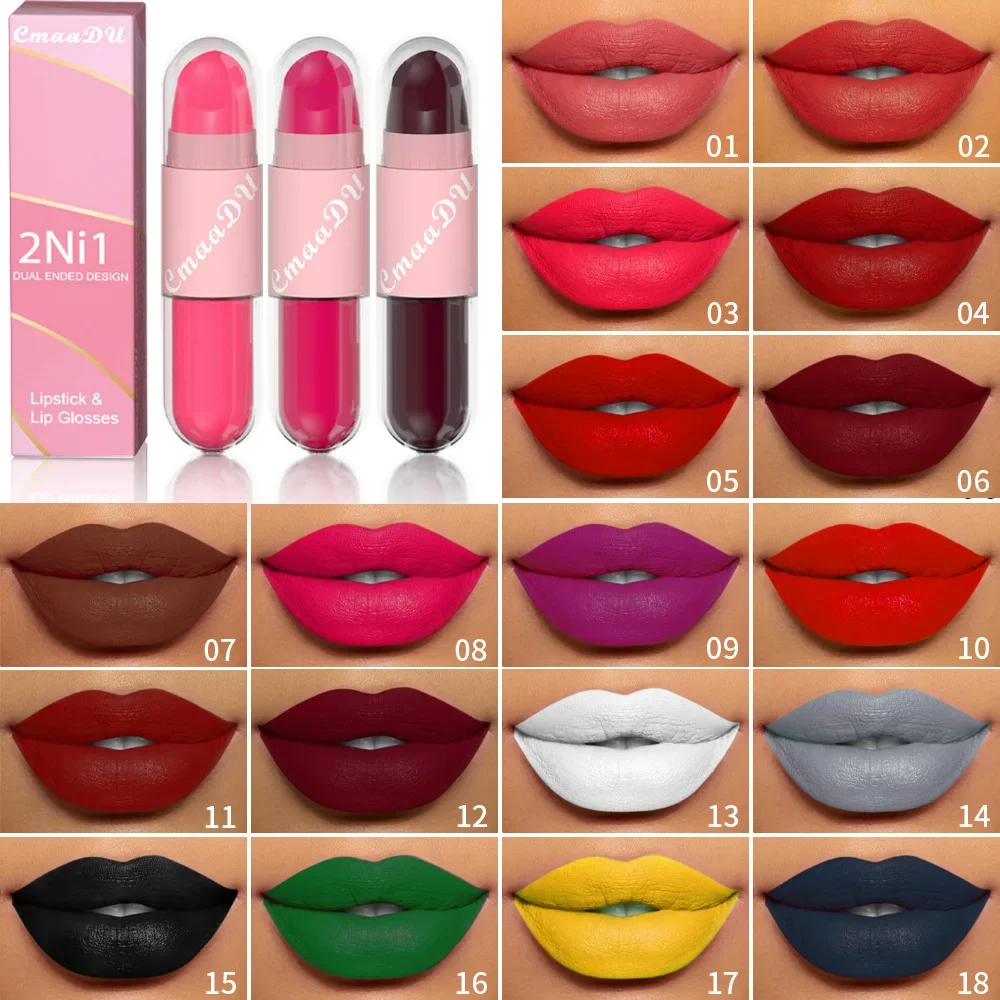 6 Kleuren 2 In 1 Matte Lippenstift Vloeibare Paarse Lip Glazuur Dubbele Kop Lip Make-Up Blijvende Waterdichte Fluwelen Sexy Donkerrode Lippenstiften