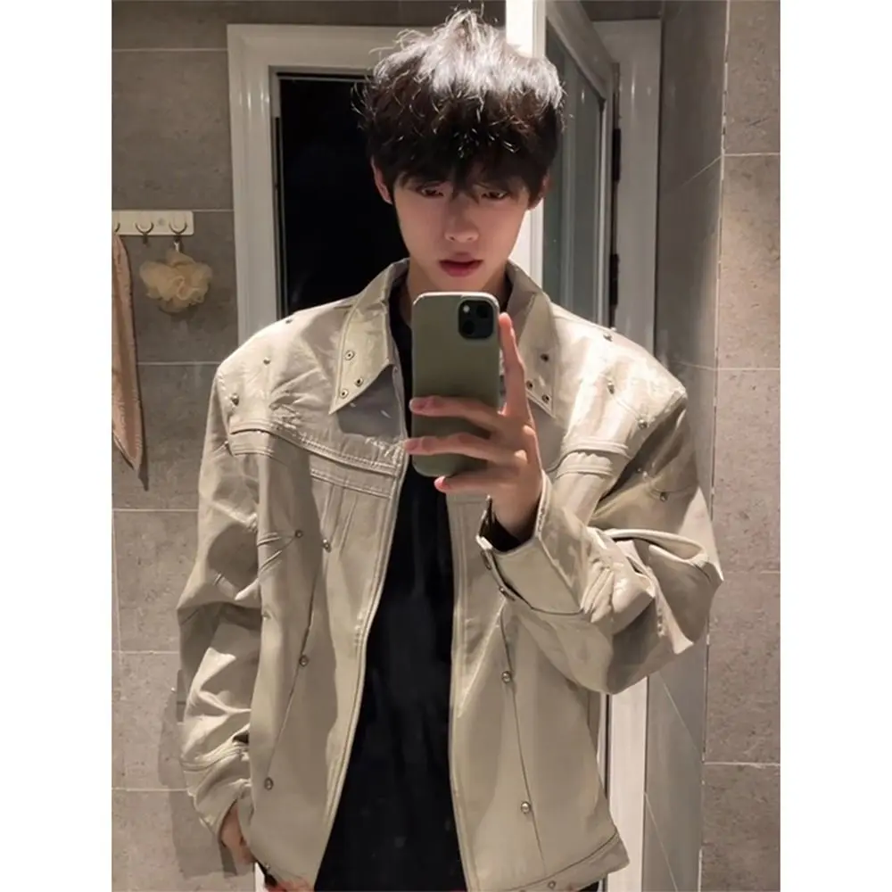 American Style Short Padded Shoulder Men's Jacket Spring Autumn High Sensation Cool Metal Stand Collar Workwear Flight Jacket