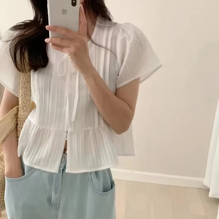 Koreański styl MD, słodki, prosty, wyszczuplający, okrągły dekolt, luźny krój, odprowadzający wilgoć, modny top damski do pracy.