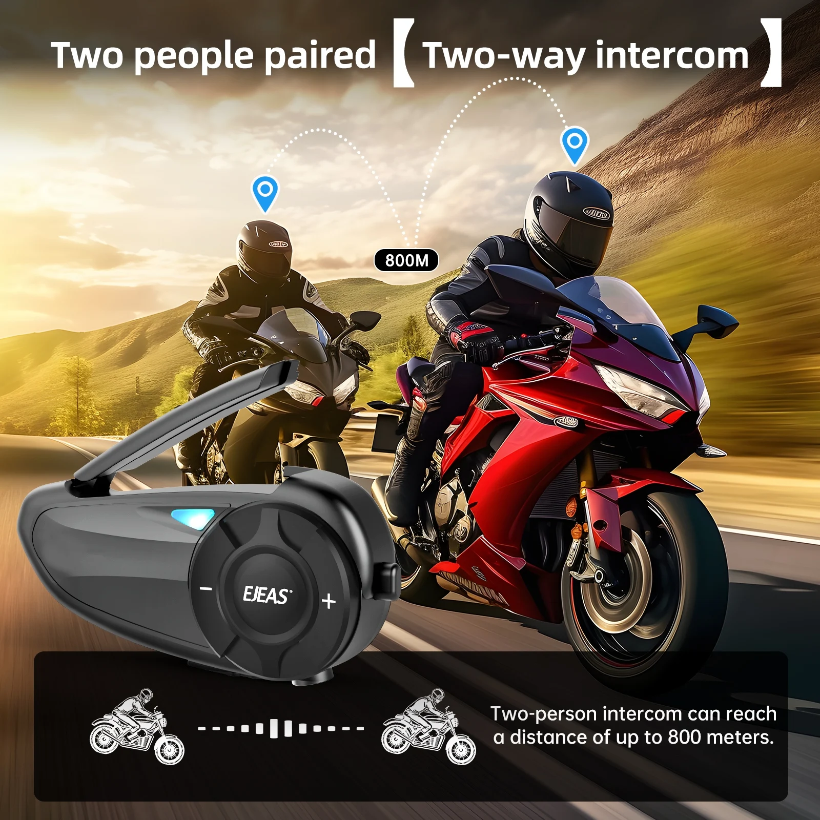EJEAS Q2 Motorcycle Helmet Intercom Bluetooth 5.1 Headset Quick Pair Waterproof Up to 2 Riders Wireless Interphone Earphone