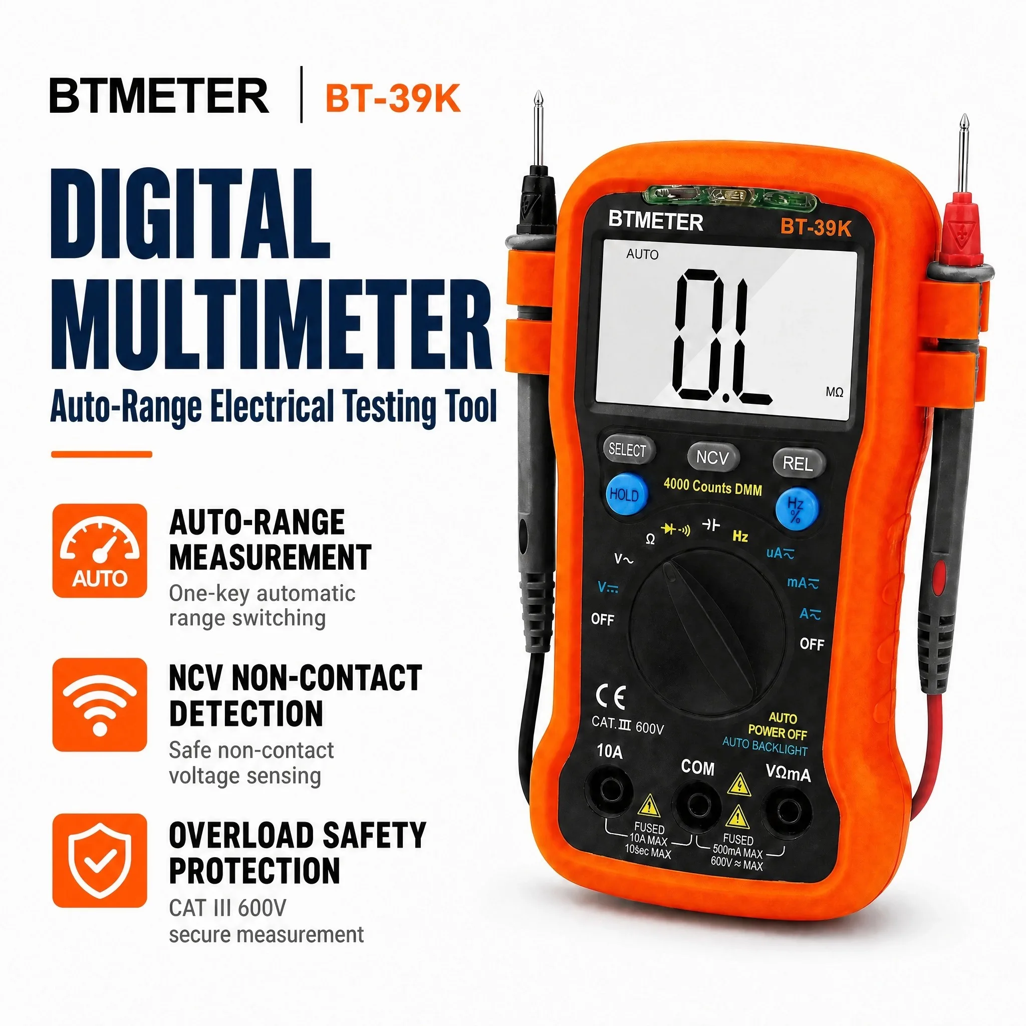 BESTMETER Portable Digital Multimeter 4000 Counts Auto Range NCV Meter AC DC Voltage Current Resistance Capacitance Hz Tester