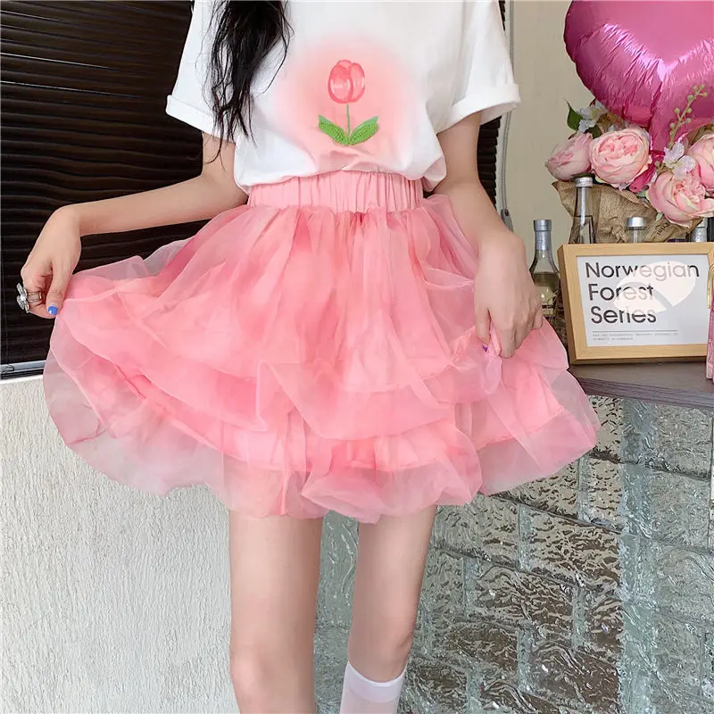 Spring/Summer 2023 New Mesh Multi layered Cake Skirt Short High Waist Sexy Half Skirt  Slim Fit