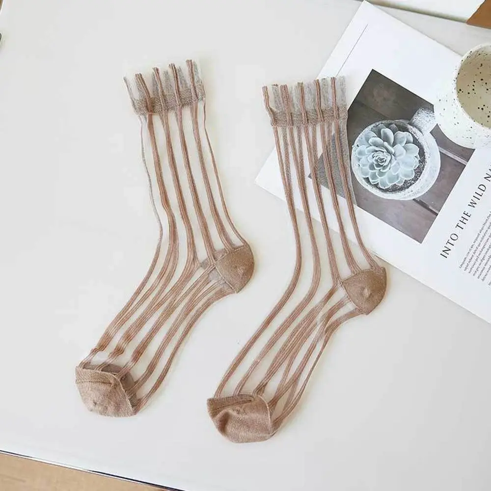 Cute Breathable Transparent Japanese style Mesh For Women Female Hosiery Middle Tube Socks Striped Socks Glass Silk Socks