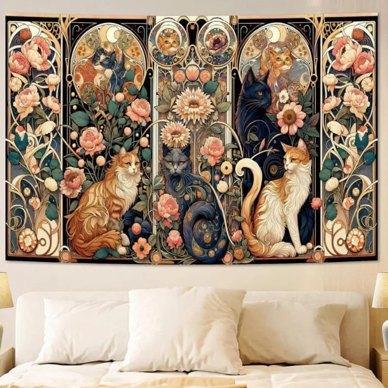 VIKAMA Vintage Art Nouveau Cats Tapestry Wall Hanging Peony Floral Ornate Retro Aesthetic Wall Art Bedroom Living Room Decor