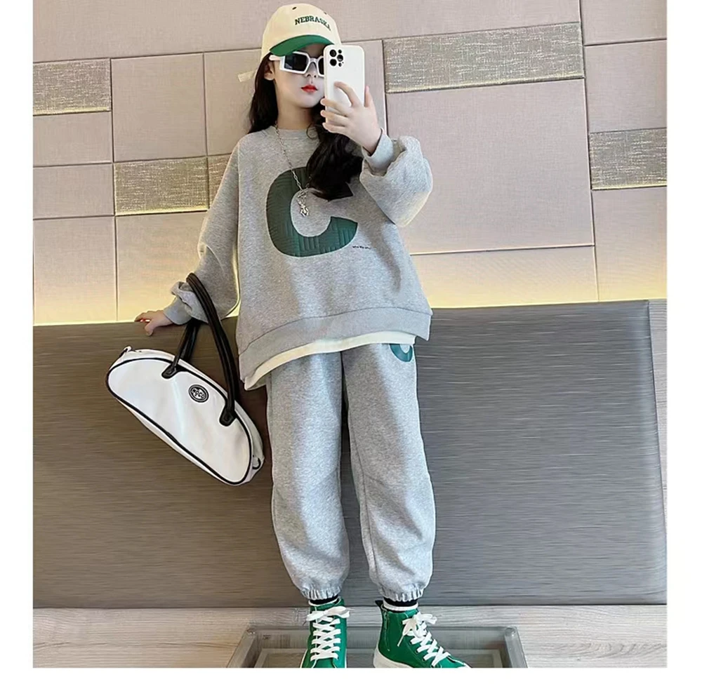 

Весенний спортивный костюм для девочек-подростков, детский комплект, тканевый свитшот, свободный верх и низ, брюки для бега, костюм для подростков 8, 10, 11, 12 лет