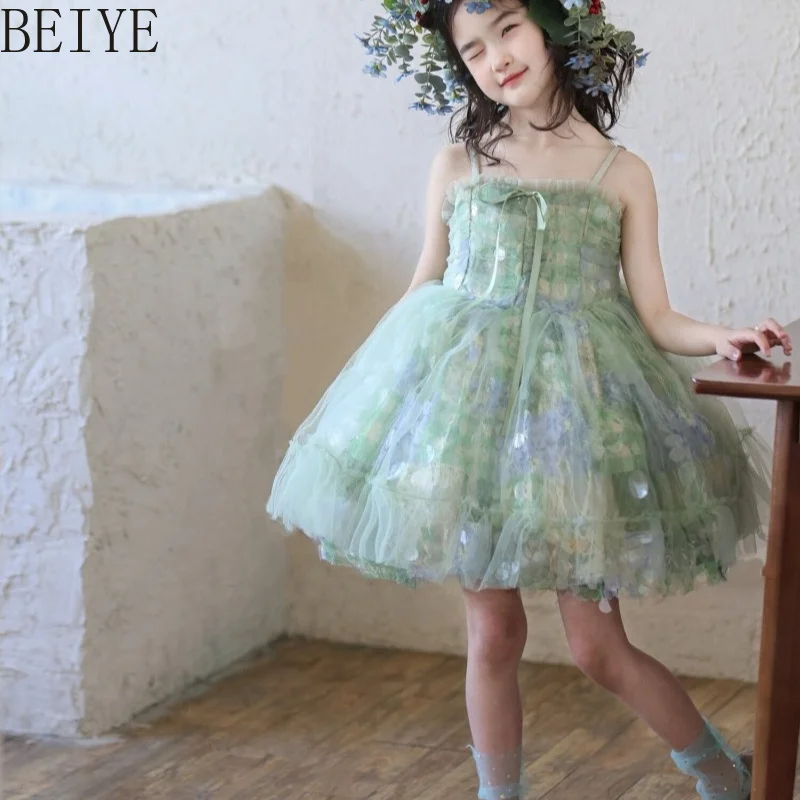 

Green Embroidered Sequined Mesh Girls Dress Summer New Heavy Industry Suspender Dress Girls Sweet Fluffy Princess Dress