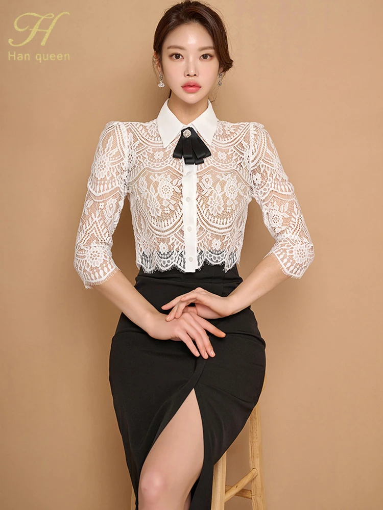 H Han Queen Elegant 2024 Summer 2 Pieces Set Women Bow Lace Tops + High Waist Slit Pencil Skirts Casual Simple Office Skirt Suit