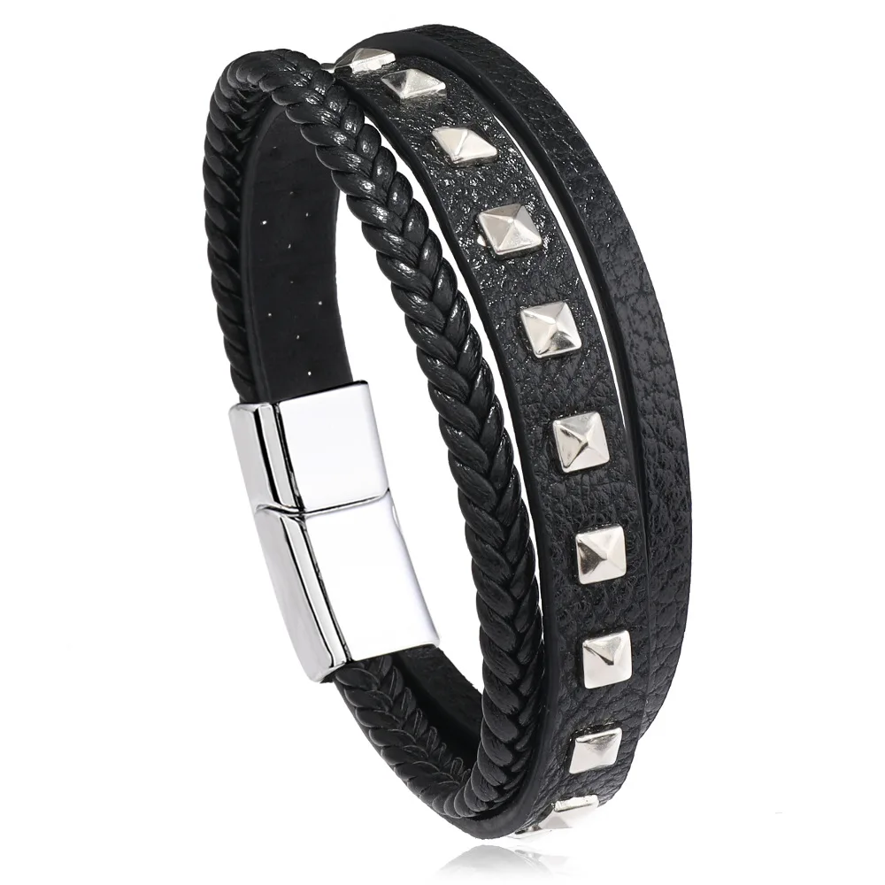 Leather Bracelet For Men New Retro Men\'s Leather Bracelet, Fashion Rivet Leather Bracelet Pyramid Leather Strap Bracelet