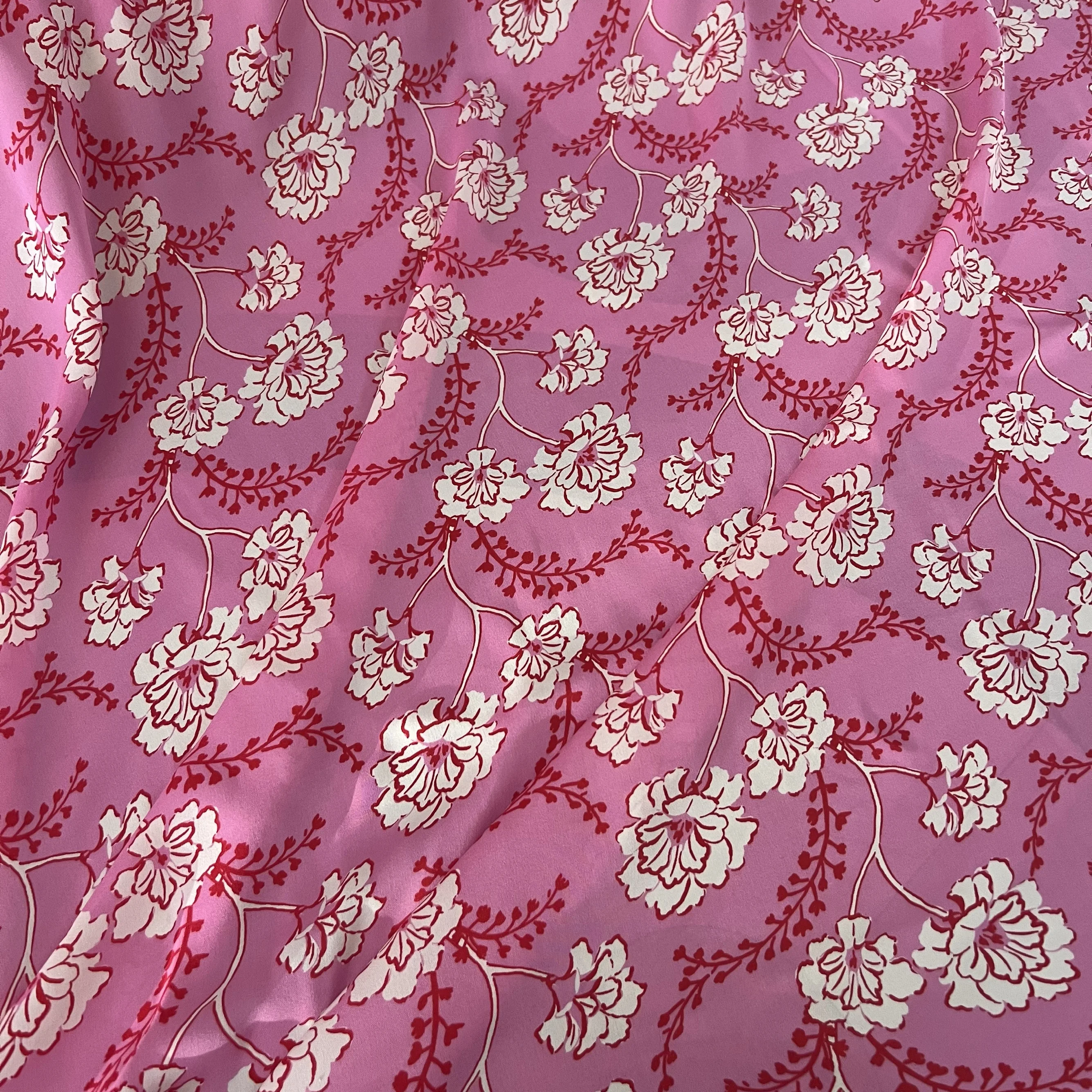 1 meter 100% Mulberry Silk 19 momme Heavy Silk Fabric Pink Flowers Printed 140cm 55