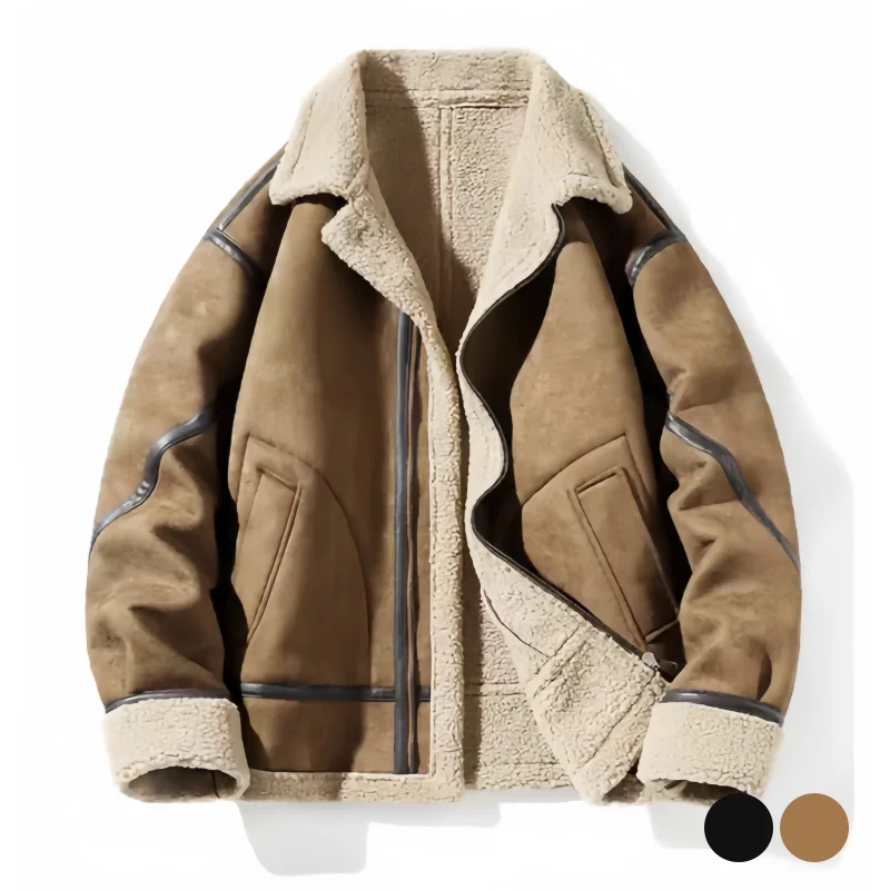 American Retro Suede and Lambswool Patchwork Jacket for Men, Winter Thickened Warm Leather and Fur Integrated Coat, Trendy Turn-Down Collar Biker Jacket