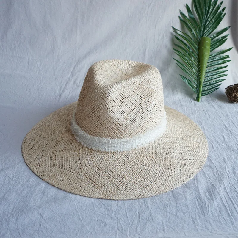 Wide Brim Straw Sun Hat for Women Panama Hat Natural Grass Beach Hat Formal Jazz Fedora Hat Church Performance Dance Hat Band