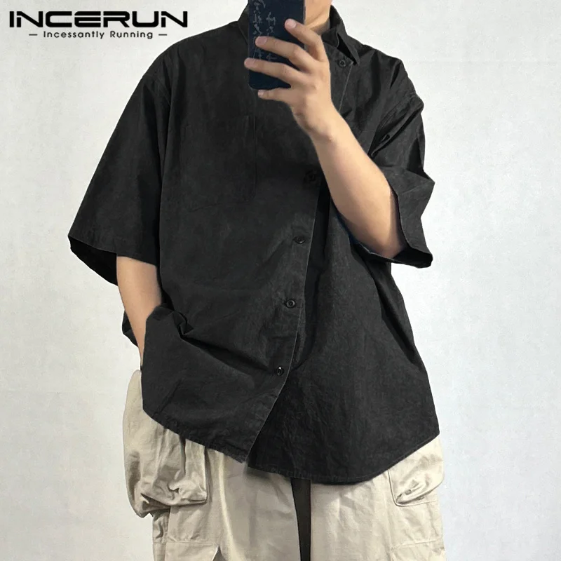 INCERUN Tops 2024 Korean Style New Men Personality Slanted Collar Design Shirts Casual Streetwear Male Half Sleeved Blouse S-5XL