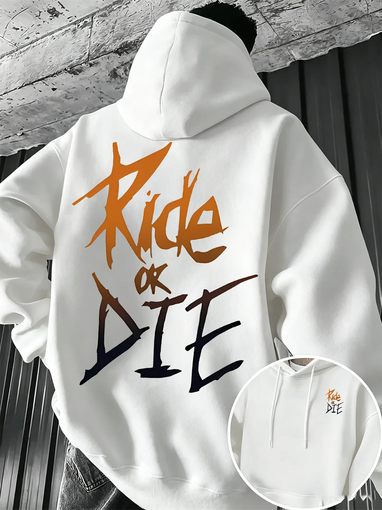 Autumn Winter Warm Comfort Fleece Men Hoodie Ride or Die Text Gradient Graffiti Back Print Outdoor Casual Sports Sweatshirt