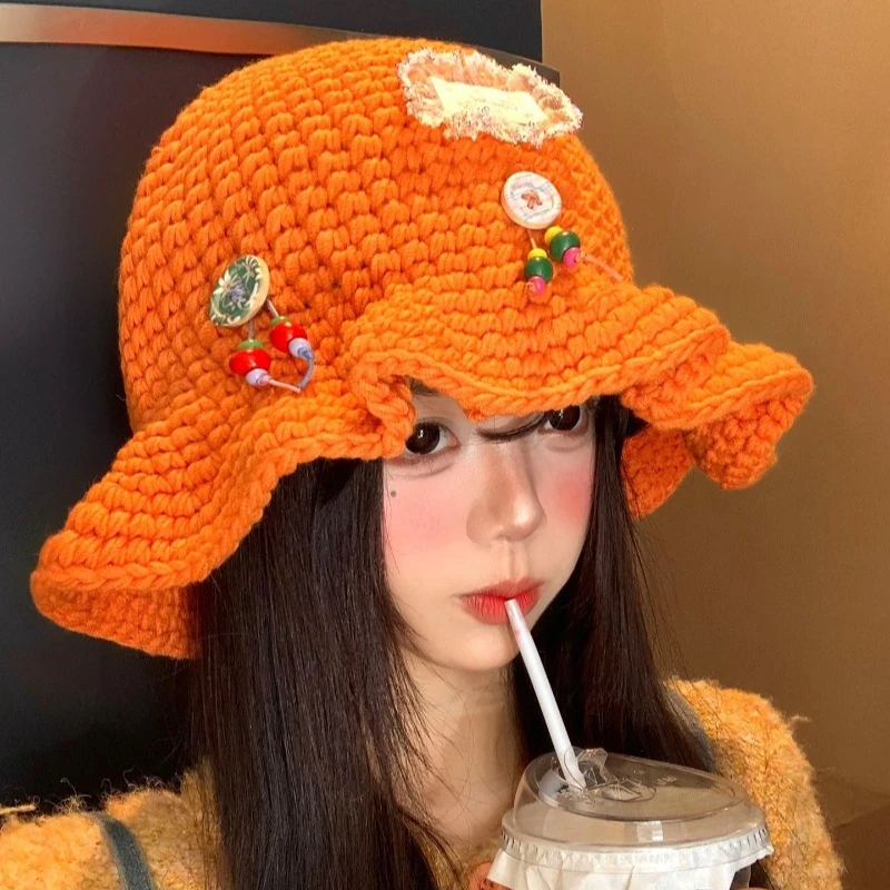 Korean Beaded Button Hand-crocheted Knitted Bucket Hat for Women in Autumn and Winter Sweet Dome Big Head Wide Brim Basin Caps