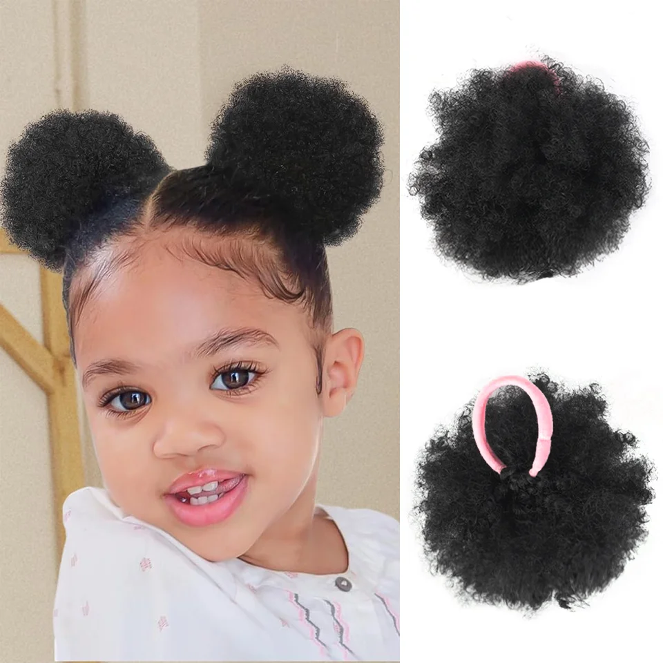 Kids Puff Ponytail Extensions 2Pcs Synthetic Small Afro Kinky Curly Hair Bun For Little Girls Comfortable Lightweight Hairpieces