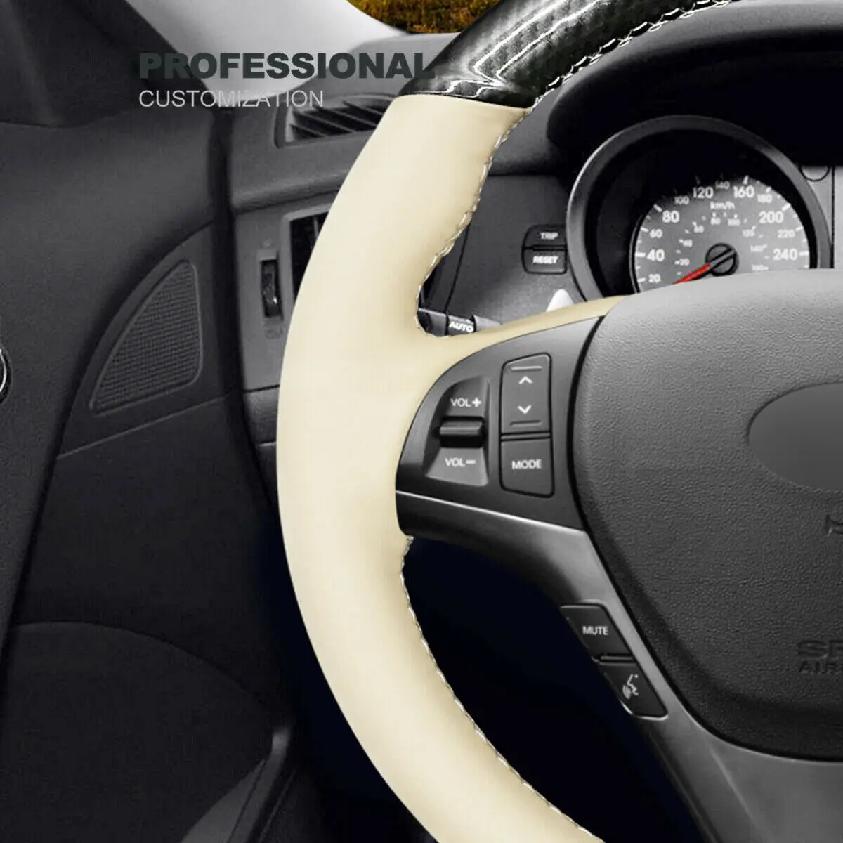 DIY Hand Stitching Interior Soft Black Carbon Fiber White Leather Car Steering Wheel Cover For Hyundai Genesis Coupe Interior