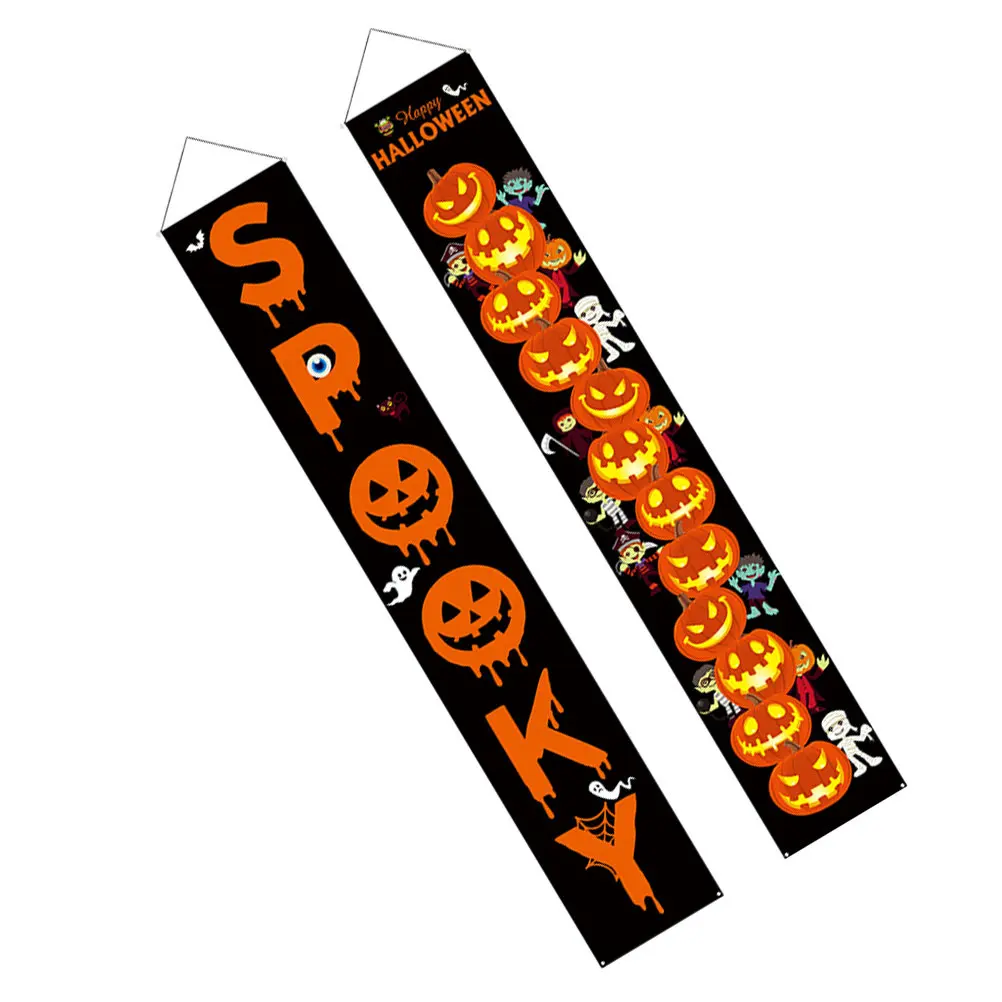 2Pcs Halloween Door Banners Tear Resistant Oxford Fabric Scary Welcome Sign Outdoor Hanging Curtain Ghost Festival Decorations