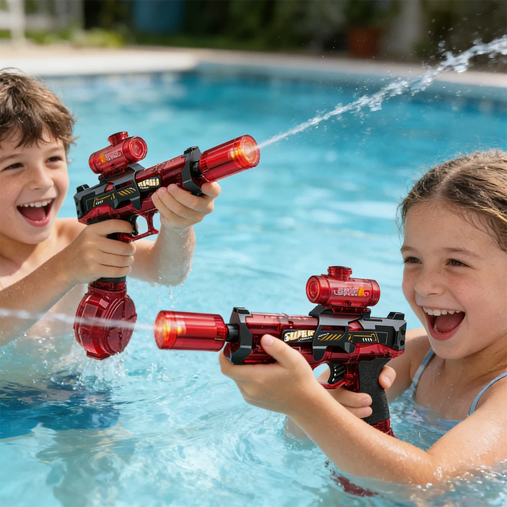 Pistolet na wodę o dużej pojemności z akumulatorem - Automatyczny, elektryczny, z efektem płomienia LED, daleki zasięg, strumień ciągły, czerwony, przenośny, zabawka wodna dla dzieci, nowy