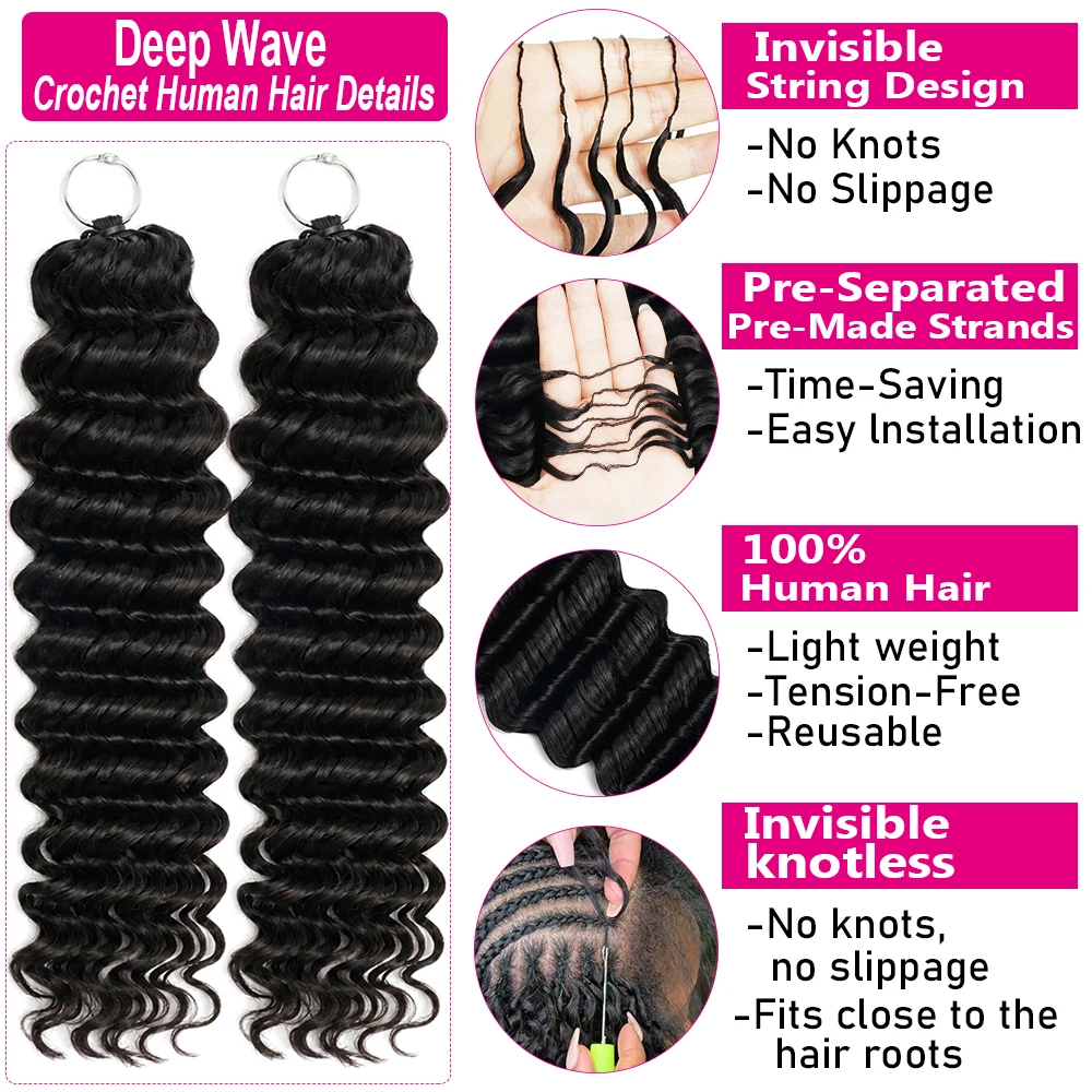 300g Boho Human Crochet Hair For Braids 26inch Miracle Knots Hair Human Hair Deep Wave Raw Burmese Curly Miracle Knots Human Hair 60g/pcs Pre Separated Boho Braids Deep Wave Bundles Invisible Knot Feather Crochet Human Hair For Braiding