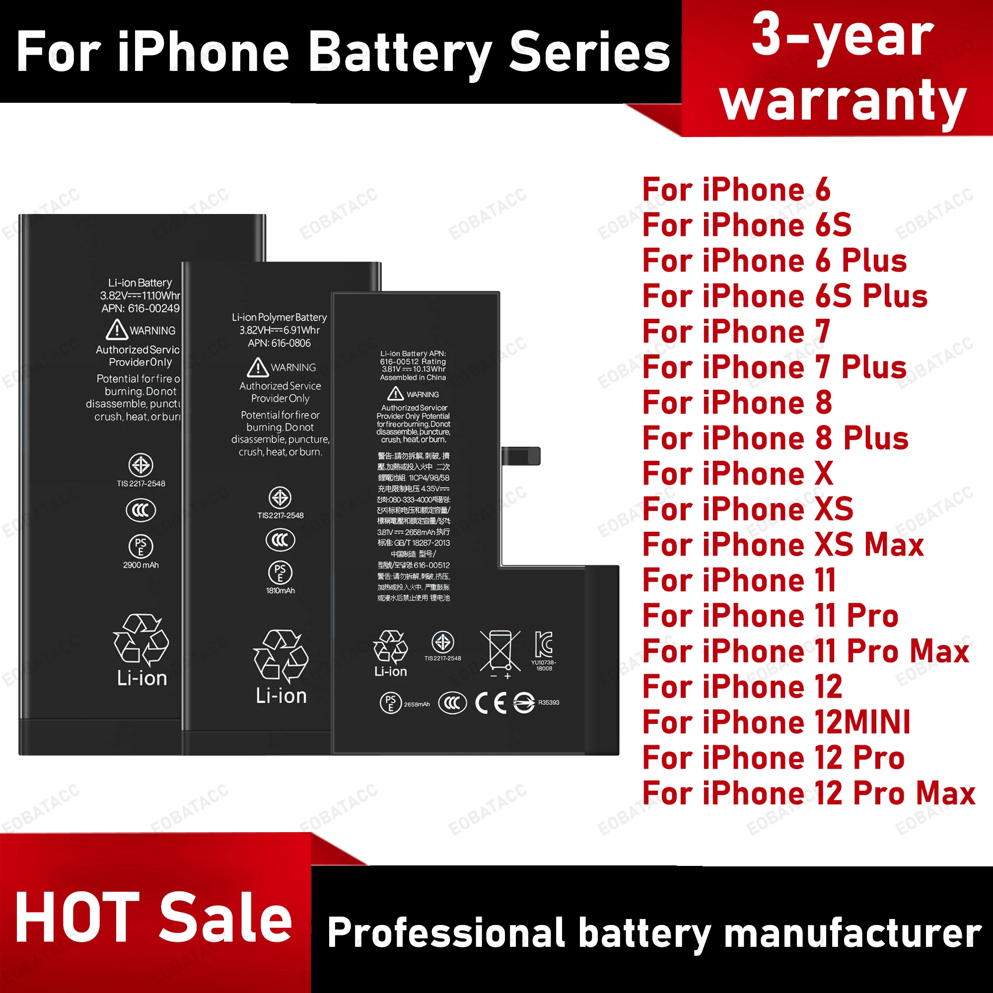 

2026 Years Battery For iPhone 6 6S 6P 6SP 7 7Plus 8 8Plus X XR XS 11 Pro MAX 12 12 pro max Replacement Batteria + Free Tools