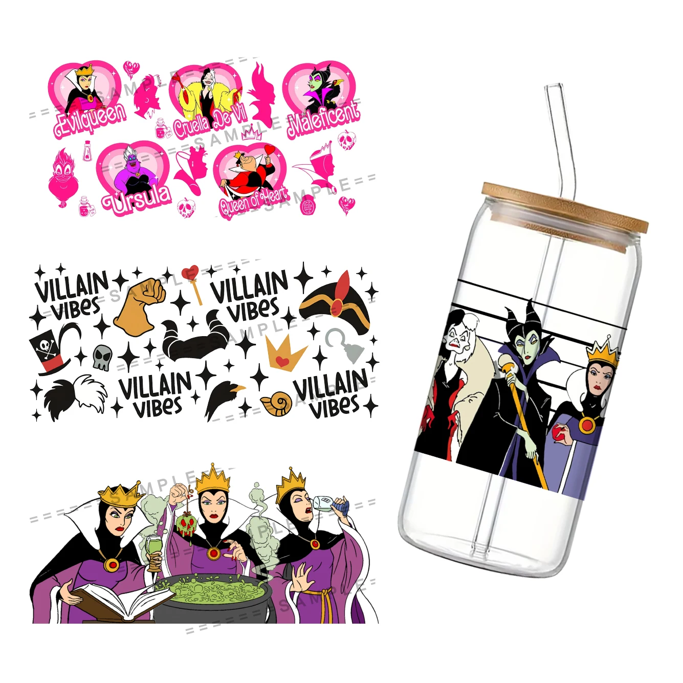 Disney Villains UV DTF Cup Wrap for 16Oz Libbey Villains Glass Can DIY Transfer Sticker