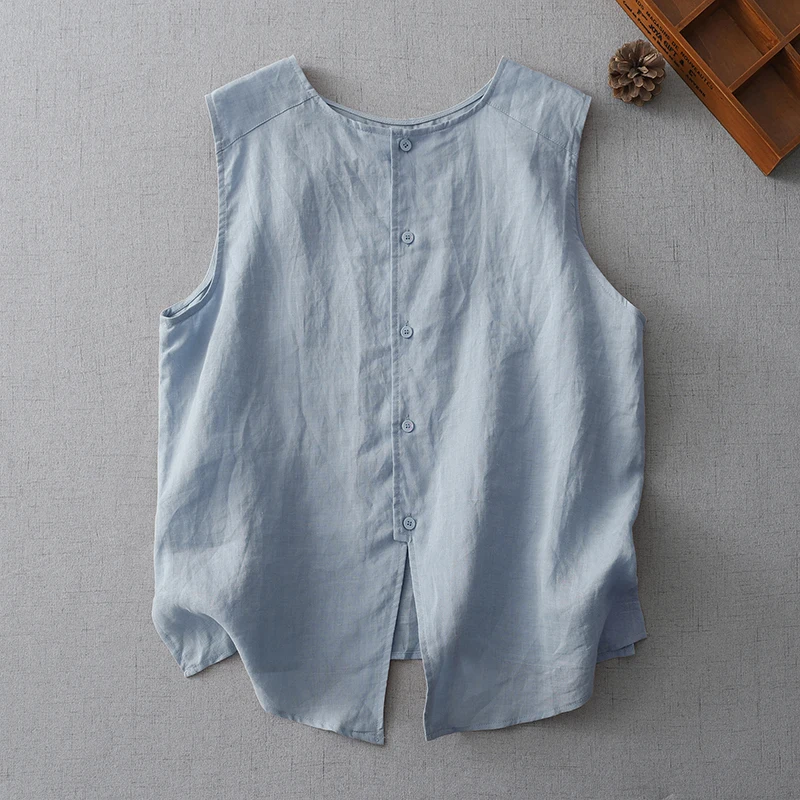 

Women Summer Thin Button-Up Cotton Linen Shirts Vest Loose Big Sizes Black White Blue Pink Sleeveless Tank Tops Two Sides Wear