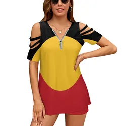 Australian Aboriginal Flag #9 Women'S T-Shirt Summer Fashion Print Floral V-Neck Zipper Tshirt Hollow Pullover Ladies Top