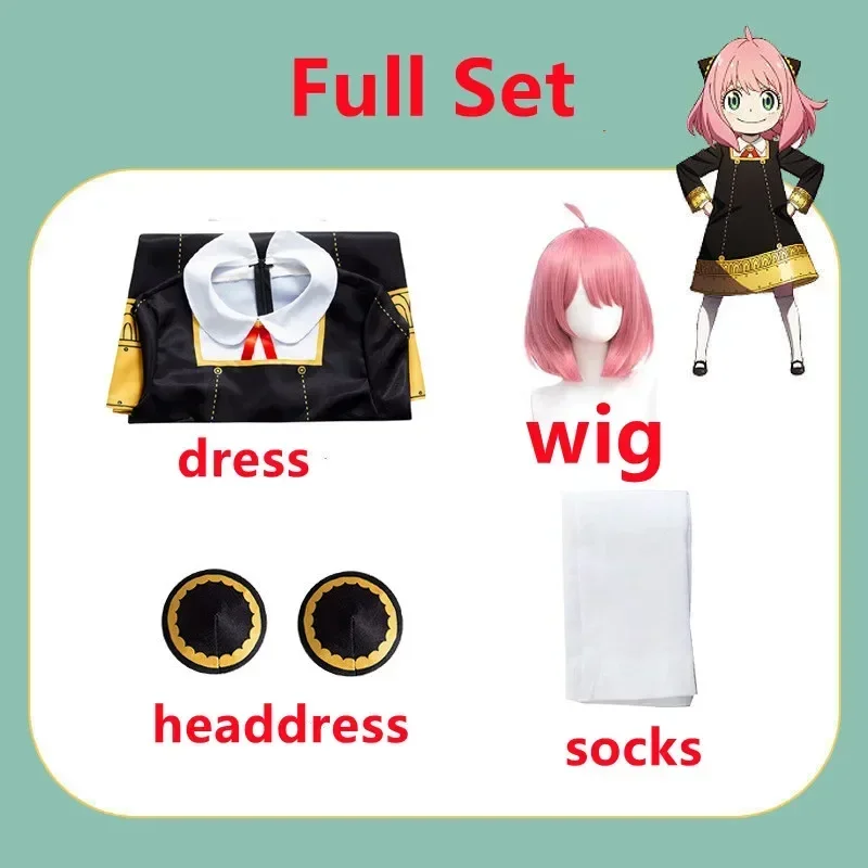 Anime Spy Family Anya Fake Cosplay Costume Toddler Children Anya Cospla Kawaii Black Dress Party Clothes Wig Halloween Women Gir