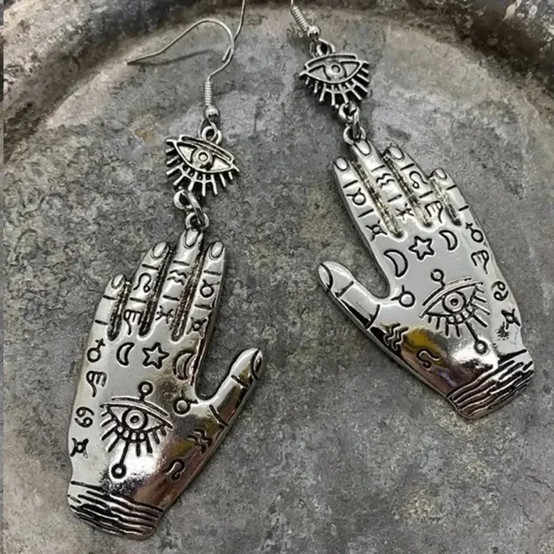 The Middle Ancient Times Style Silver Color Mysterious Pattern Palm Eye Earrings UNISEX Fashion Rock Hip Hop Fashion Earrings