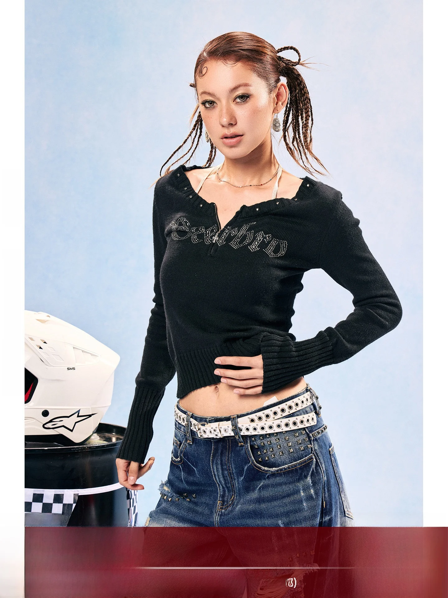 

Свитер BeerBro Speed Pulse American Sle Hot Girl Spring с V-образным вырезом, стразами, приталенный, с зауженной талией, на молнии