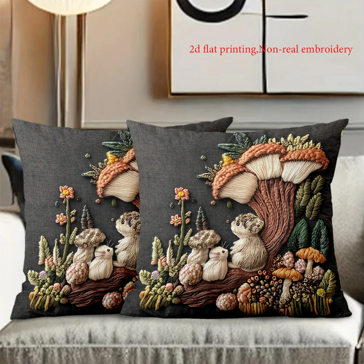 2D flat printing Embroidered Mushroom Hamster Design Cushion Pillow Polyester pillowcase sofa decorative cushion cover
