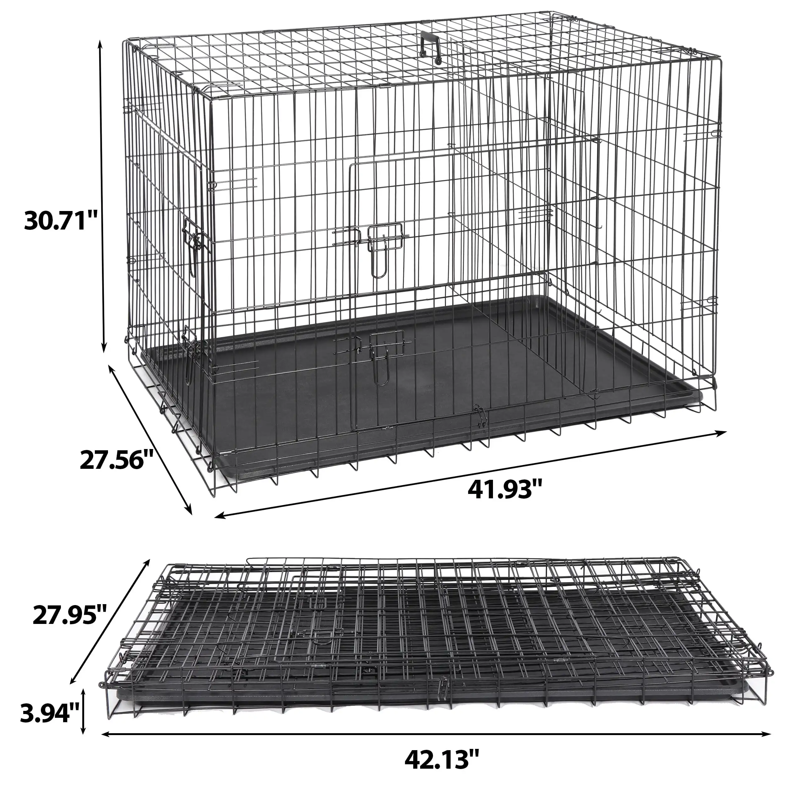 42 Foldable Large Dog Crate Kennel Double Door Steel Dog Cage Black Washable Tray Portable Collapsible