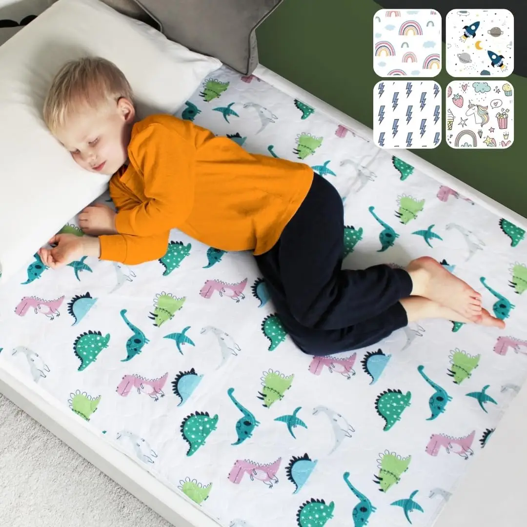 Waterproof Bed Wetting Pads for Kids, Toddlers - 2 Pack Non-Slip Mattress Protector with Dinosaur Design