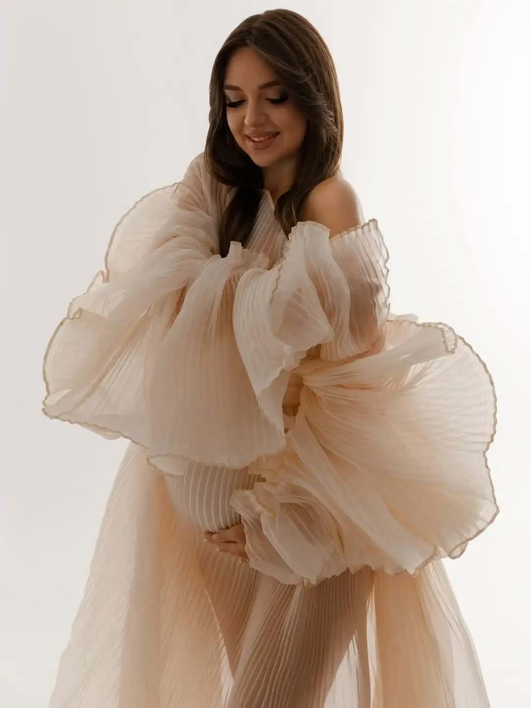 Nuovo arrivo abito premaman in organza plissettato servizio fotografico popolare maniche a sbuffo abiti premaman trasparenti gravidanza abito da baby shower