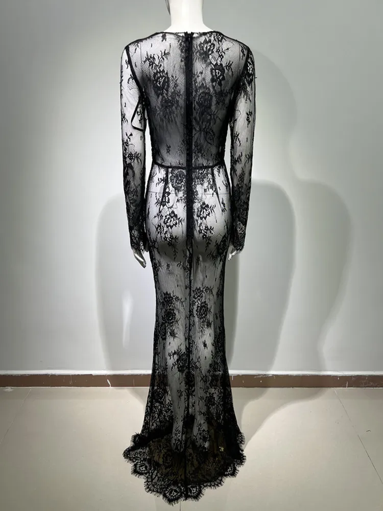 Women Celebrity Sexy Long Sleeve Black Lace Maxi Long  Dress 2024 Elegant Party Evening Stage Performance Dress Vestido image 4