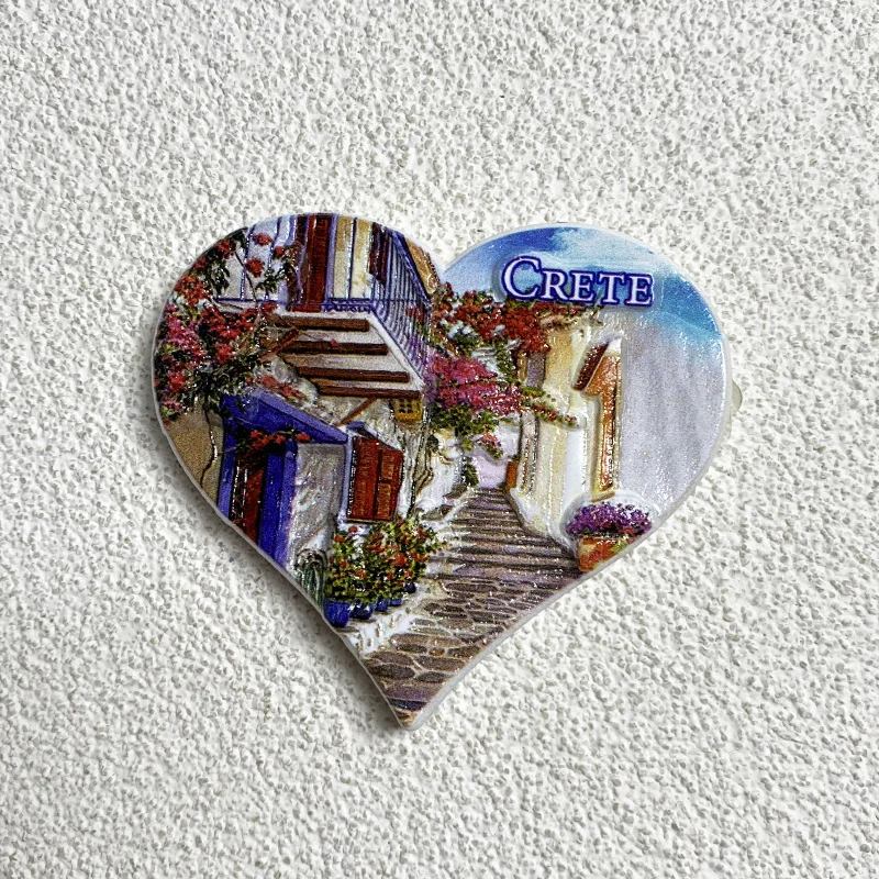 مغناطيس ثلاجة كريت ثلاثي الأبعاد على شكل قلب - تذكار يوناني رائع، مادة الراتنج، ديكور مثالي للمنزل والمكتب