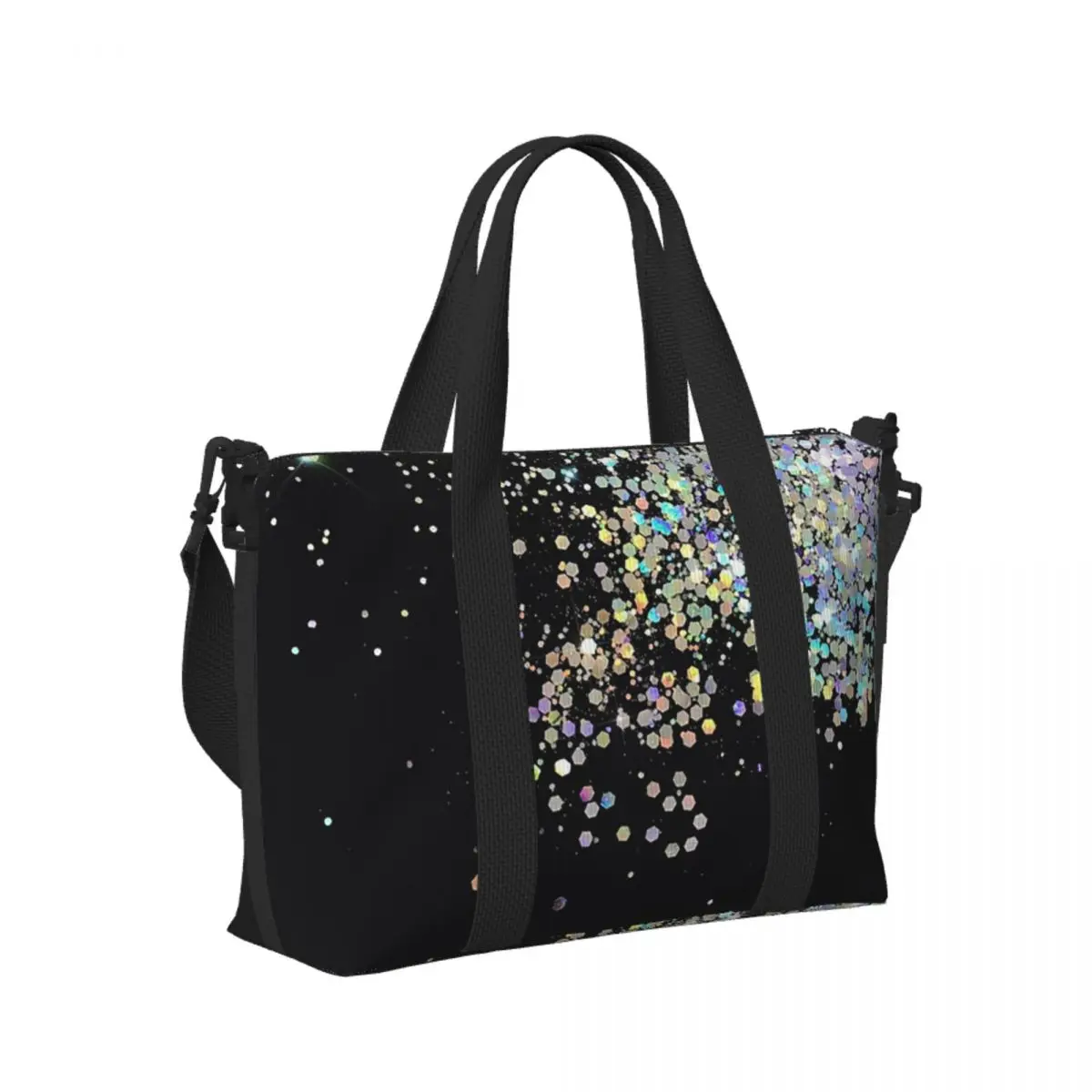

Custom Black And Holographic Sparkle Beach Travel Bag Large Capacity Tote Bags for Gym Yoga Women Shopping Duffle Shoulder Bag