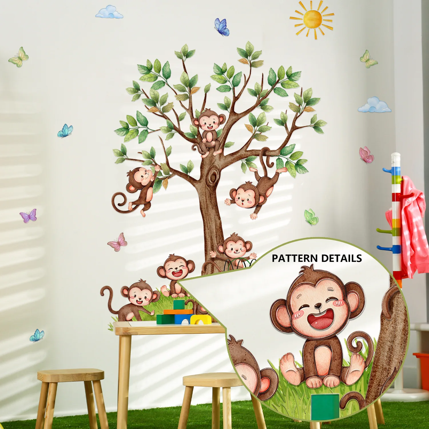 7 Playful Monkeys Wall Decals- Cartoon Tree, Birds & Sun Stickers for Kids' Room & Nurser