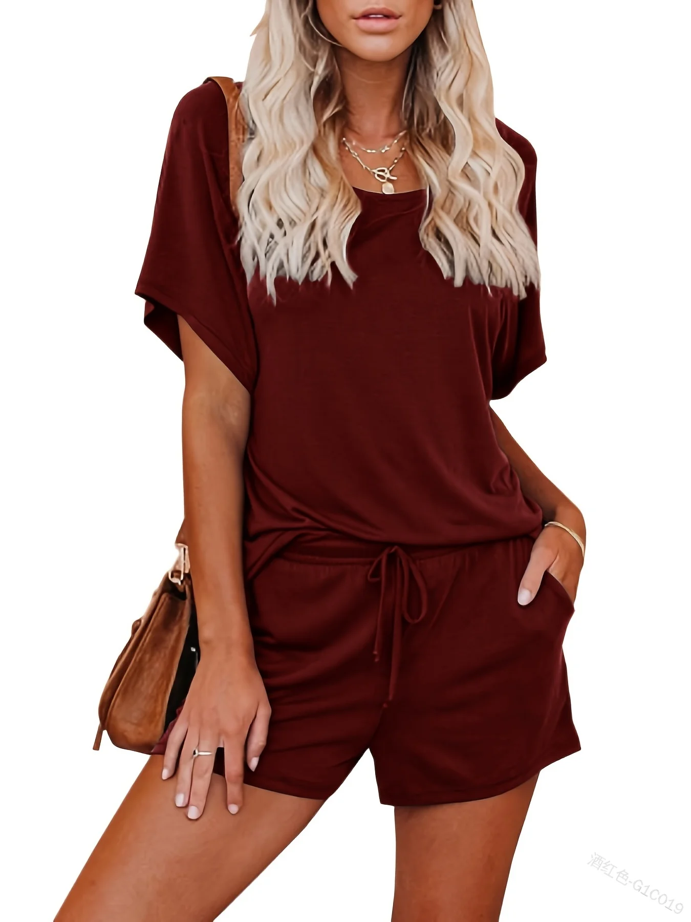 

Two-piece T-Shirt Set, Short Sleeve Casual T-Shirt & Drawstring Waist Shorts 2pcs Solid Outfits For Spring & Summer, Women's Clo