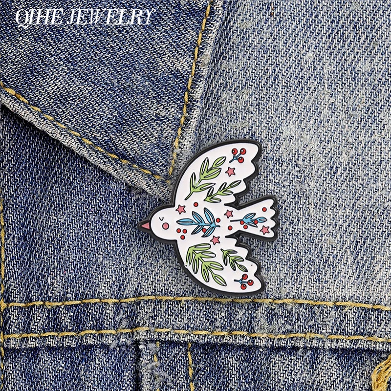 Cartoon Peace Dove Floral Vine Enamel Pin Retro Pastoral Style White Dove & Leaves Brooch Bags Lapel Badge Funny Jewelry Gifts