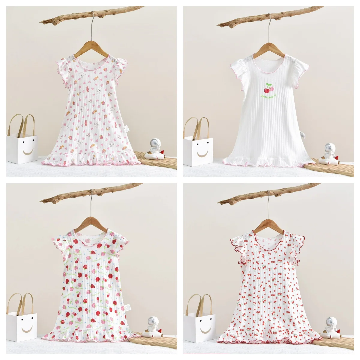 Girls Cotton Nightgown Dress Cherry Strawberry Print Comfortable Children's Pajamas Nightdress Size 100-150 for Girls