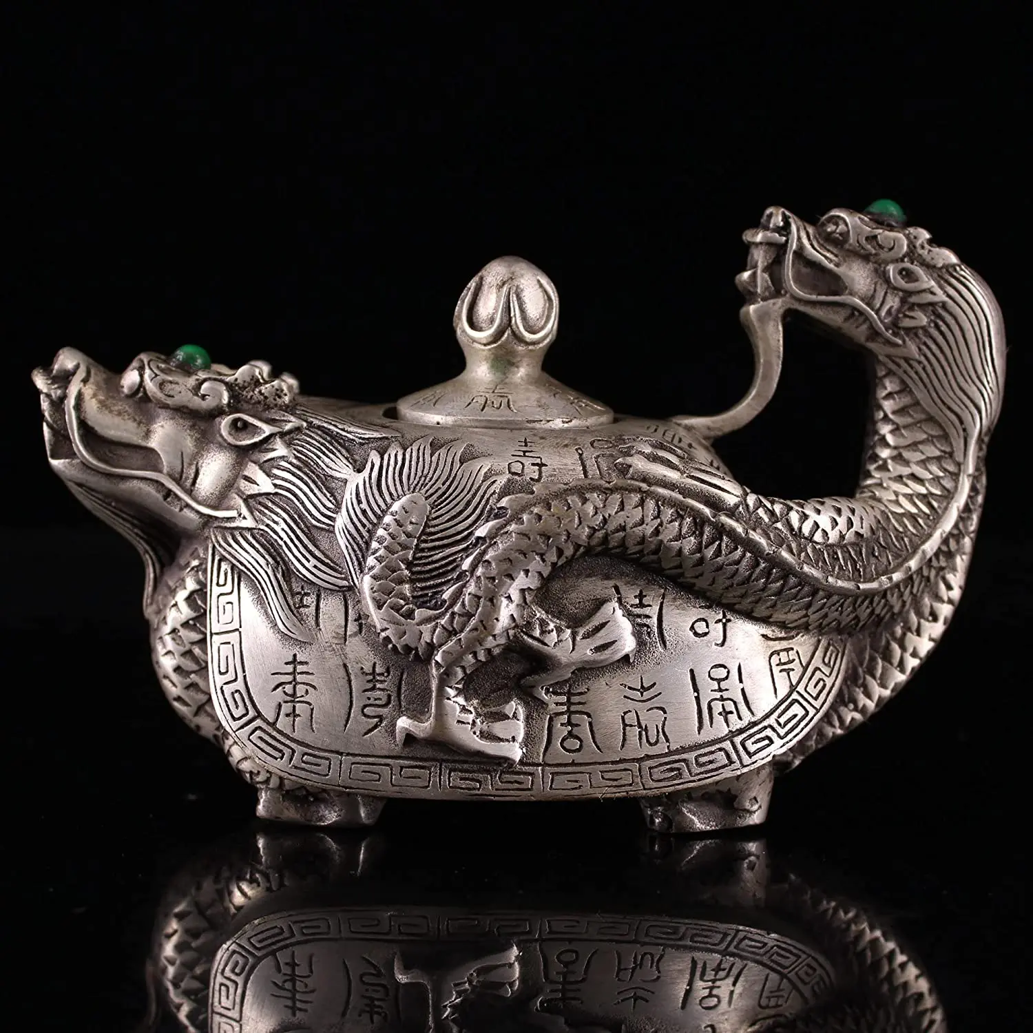 Tibet Temple Collection Old Bronze Gilt Silver Mosaic Gem Dragon Turtle Statue Faucet Flagon Kettle teapot Ornaments Town House