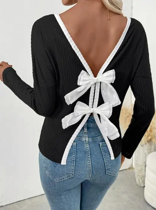 

New Fashion Women's Clothing New Style for Autumn 2025 Sexy Backless T-Shirt Pullover Tops with Bowknot Design