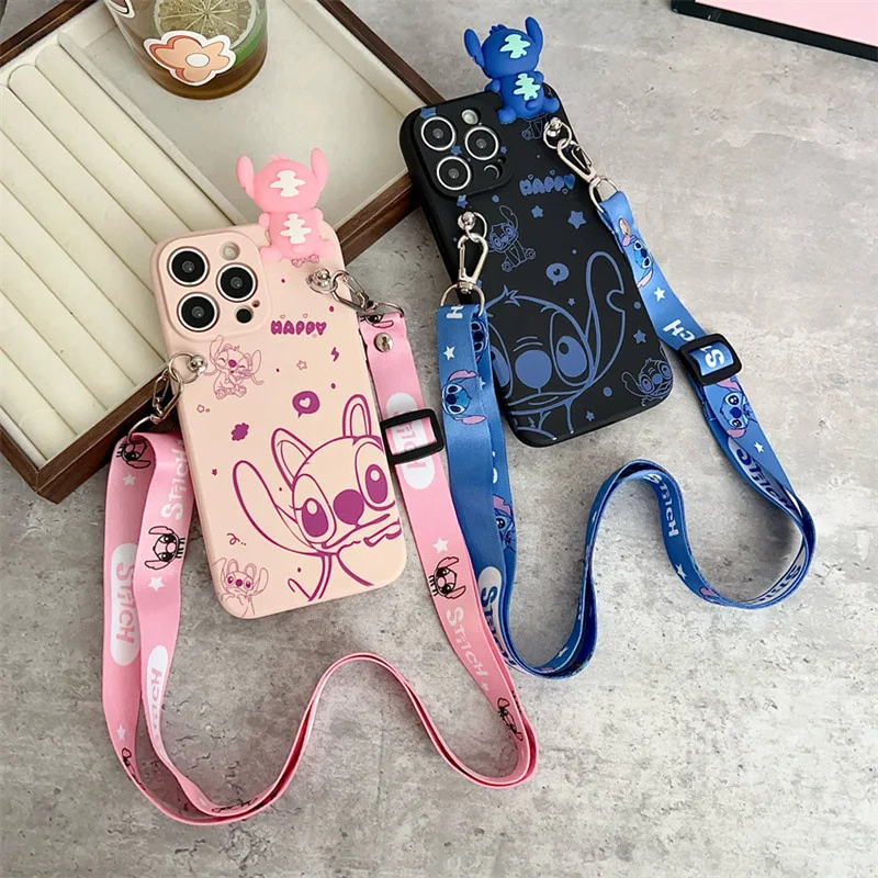 ثلاثية الأبعاد الكرتون غرزة الملاك مع حامل الحبل زوجين جراب هاتف آيفون الهواء 12 13 mini 11 14 15 16e 17 برو ماكس غطاء مقاوم للصدمات #2