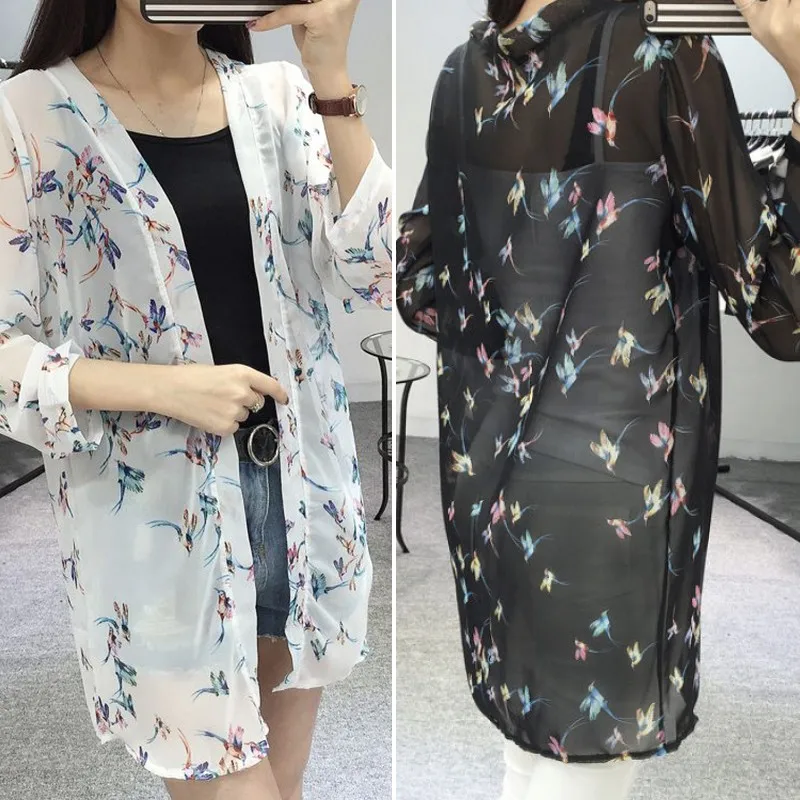 Stylish Women\'s Fashion Casual Long Sleeve Cardigan Chiffon Birds Printed Long Loose Blouse Shirt Sunscreen Clothing