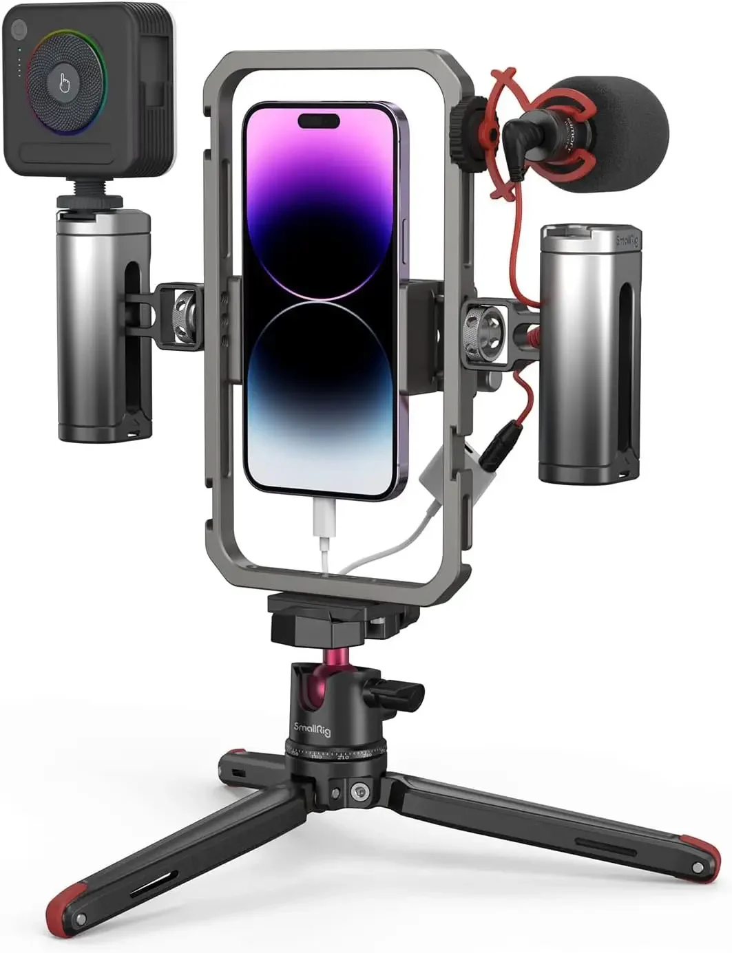 

SmallRig All-in-One Video Kit Ultra Aluminum Phone Video Rig Kit w/Quick Release Tripod Wireless Control Handles RGB Light Mic