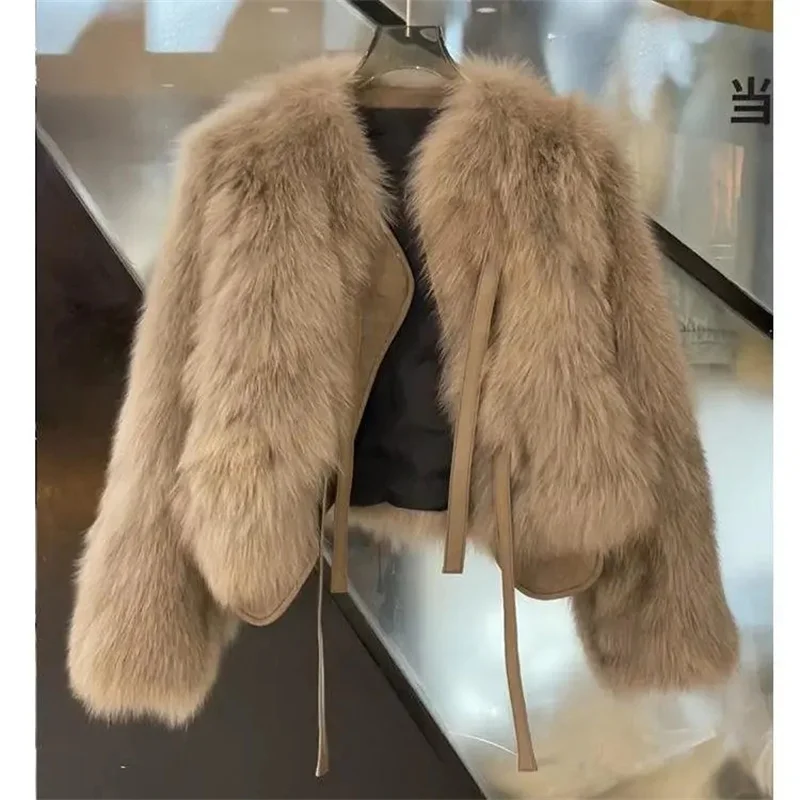 Ladies Lace Up Long Sleeves Imitation Fox Fur Jacket 2024 Female Faux Fur Tops Coat  Autumn Winter Women Fashion Plush Overcoat