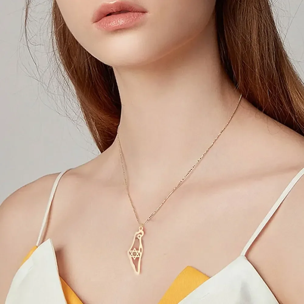 YILUOCD Hollow Star of David Map Necklace for Women 14k Gold-plated Hexagram Symbol Country Geography Necklaces Amulet Jewelry