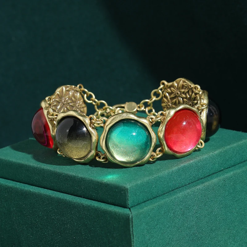 

Round Vintage Colored Glass Beads Bracelet For Ladies Antique Retro Gold Plated Jewelry Accessories 2026 Anniversary Gifts