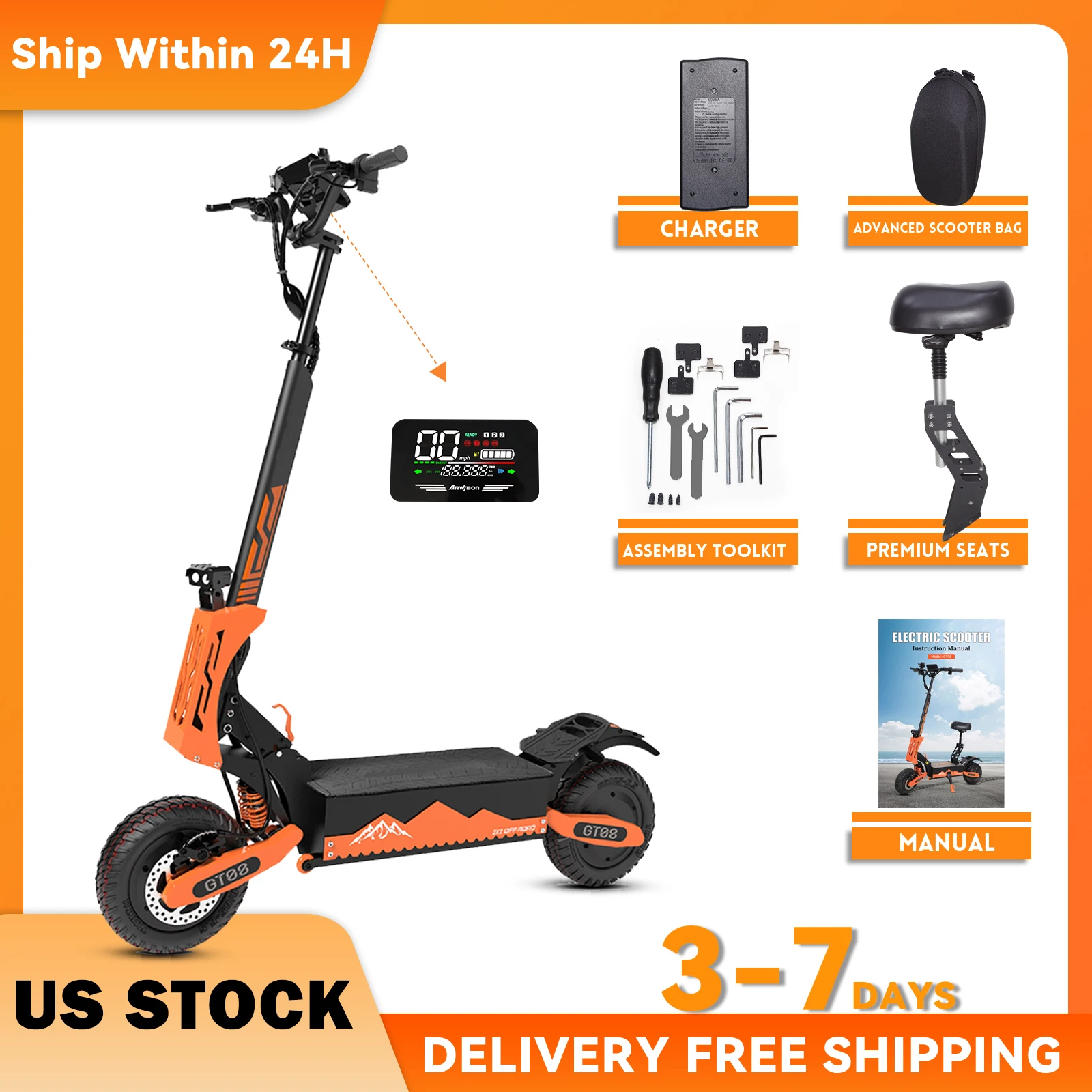 

Arwibon 5600W Adult Electric Scooter Dual Motor Top Speed 46MPH,60V27AH, 11-inch Off-Road Tires Sport Folding eScooter with Seat